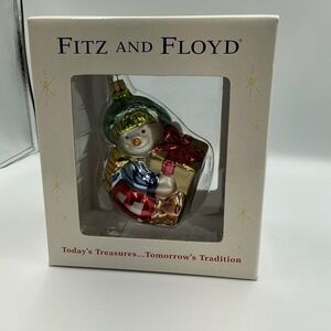 Fitz and Floyd Glass Snowman Ornament Holding Present Christmas Tree Decor